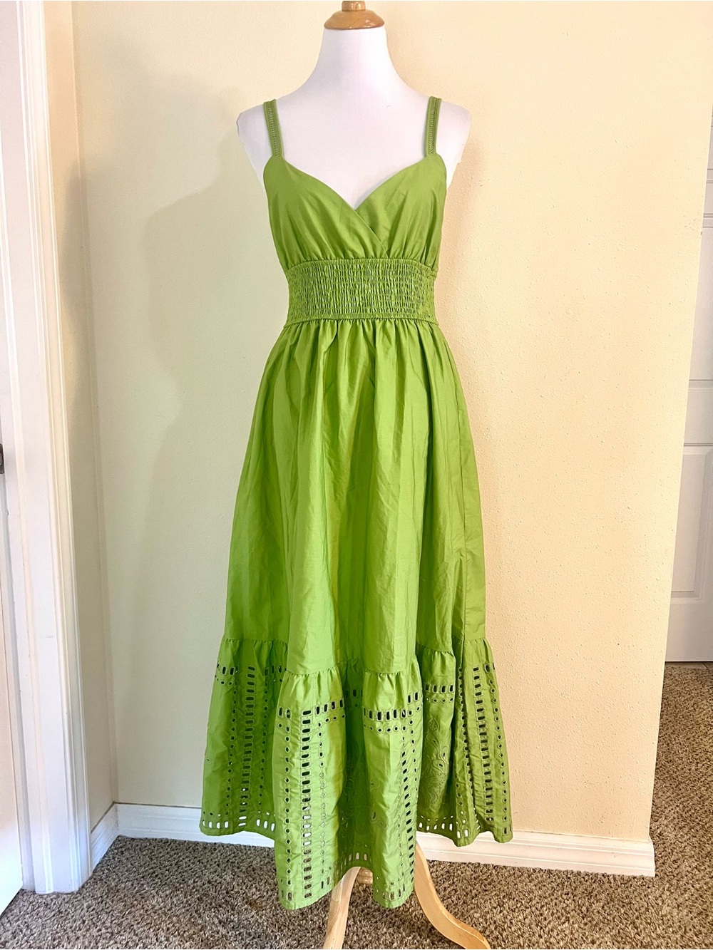Calypso St. Barth Green Eyelet Maxi Dress M Smocked Waist Cotton Boho Cottage